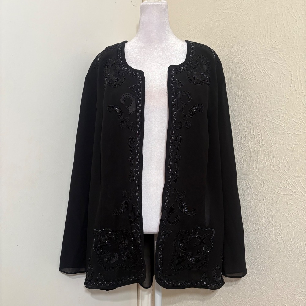 Sheer Black Beaded Sequin Open Front Cardigan Jacket Whimsigoth Glam Fairy Sz 22